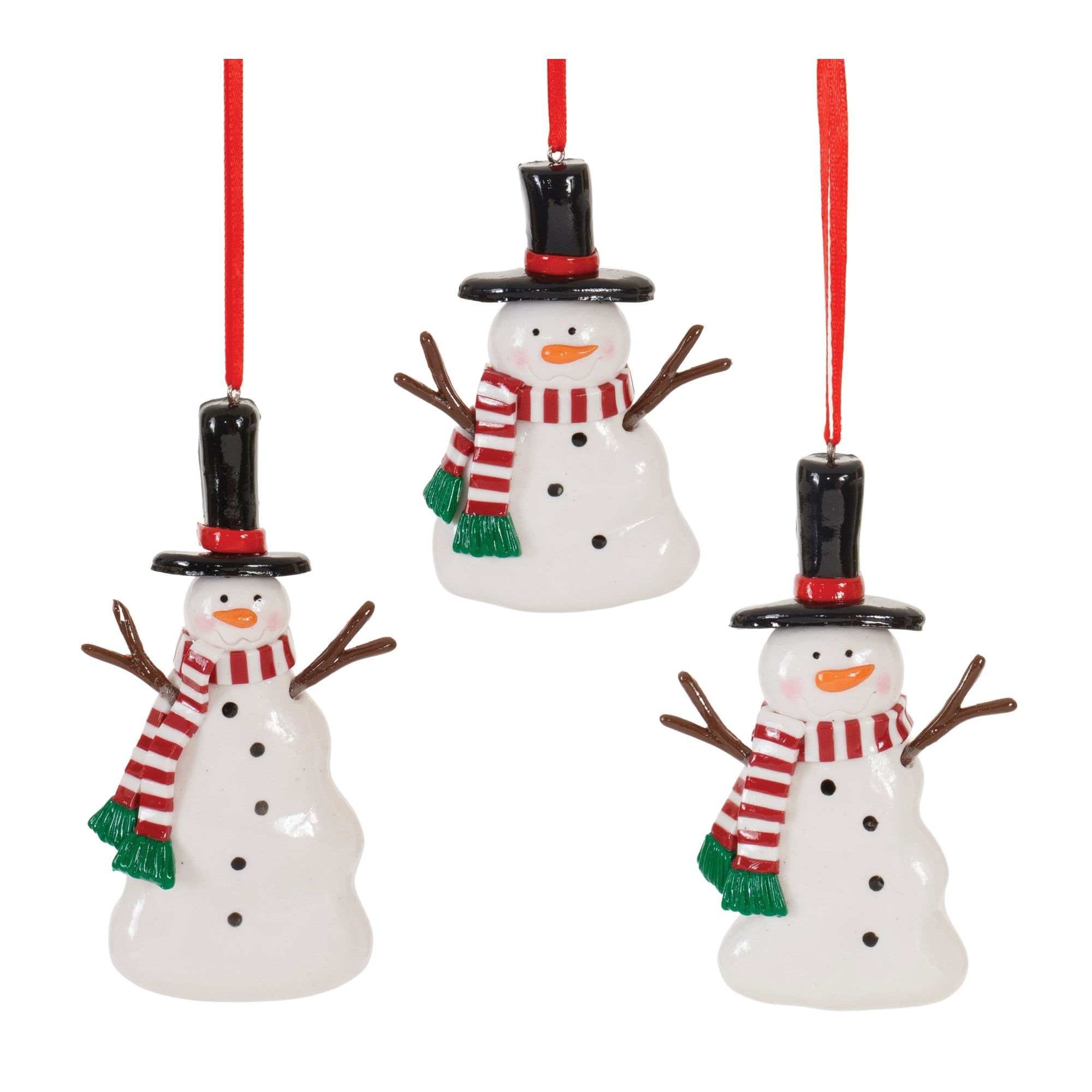 Set of 3 White snowman ornaments, wearing black hats with red hat bands, brown sticks for arms, a red &amp; white striped scarf with a green fringe, and with black dots down the chest and orange noses, against a white background. 