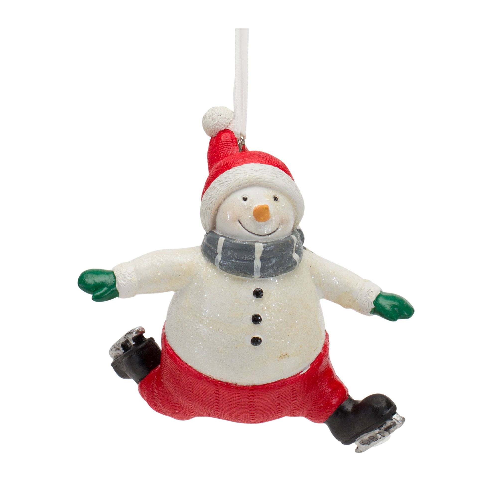 The snowman is wearing red pants, a red beanie with a white pom pom, green gloves, grey scarf and black skates. Against a white background