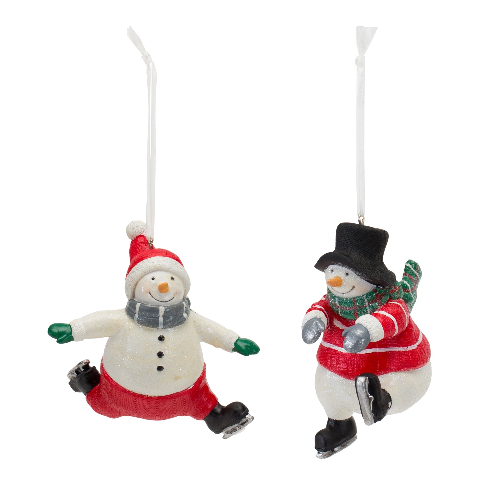 Skating snowman hanging ornaments.  One is wearing red pants, a red beanie with a white pom pom, green gloves, grey scarf and black skates. The other is wearing a black top hat, red jumper with white stripes, green scarf, grey gloves and black skates. Against a white background