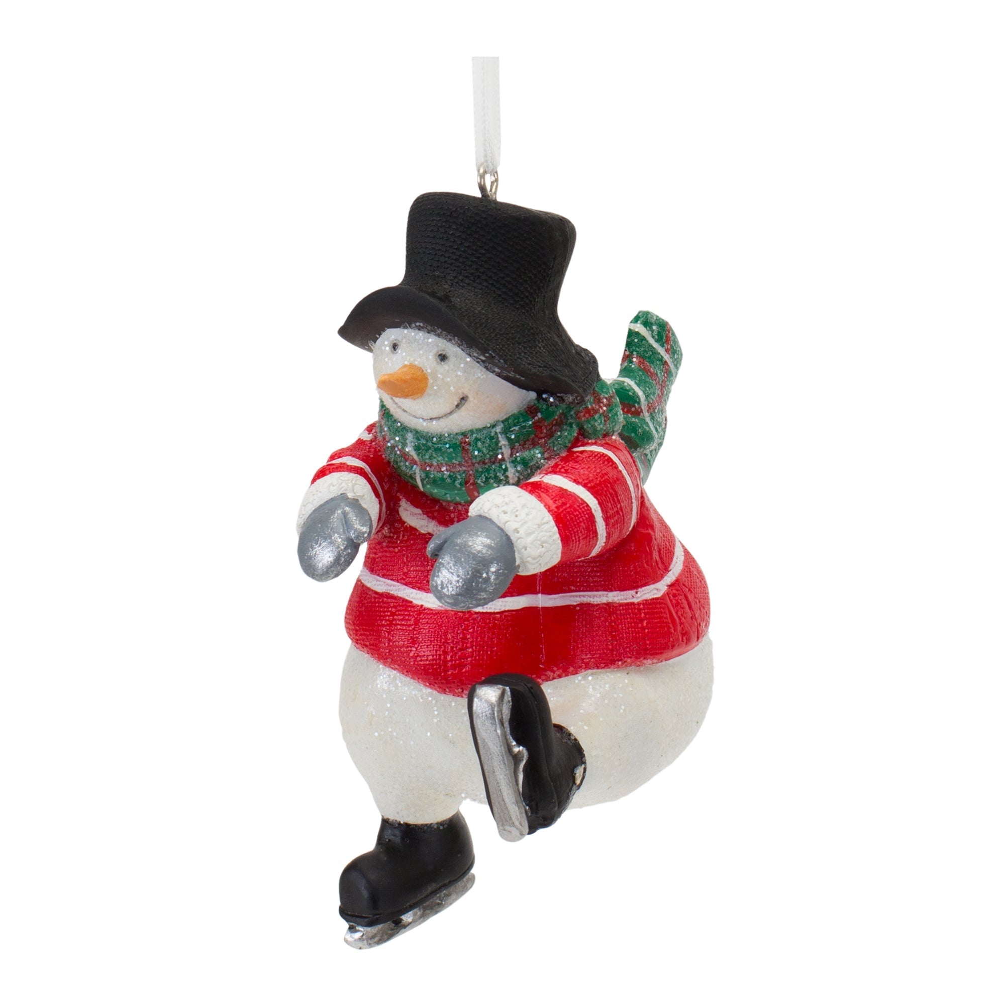 The Snowman is wearing a black top hat, red jumper with white stripes, green scarf, grey gloves and black skates. Against a white backdrop