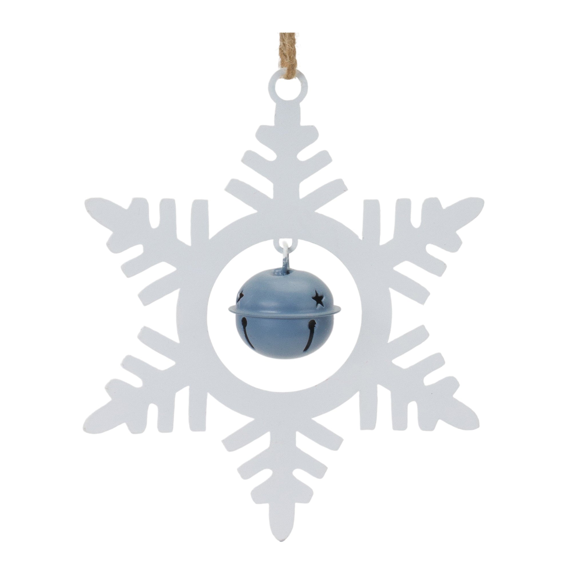 White metal snowflake hanging ornament with a blue bell. 