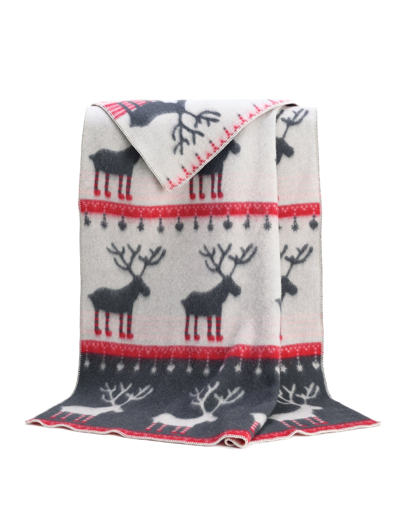 Image of a soft red, light grey & dark grey blanket with stylised standing reindeer with red and white socks woven into the pattern