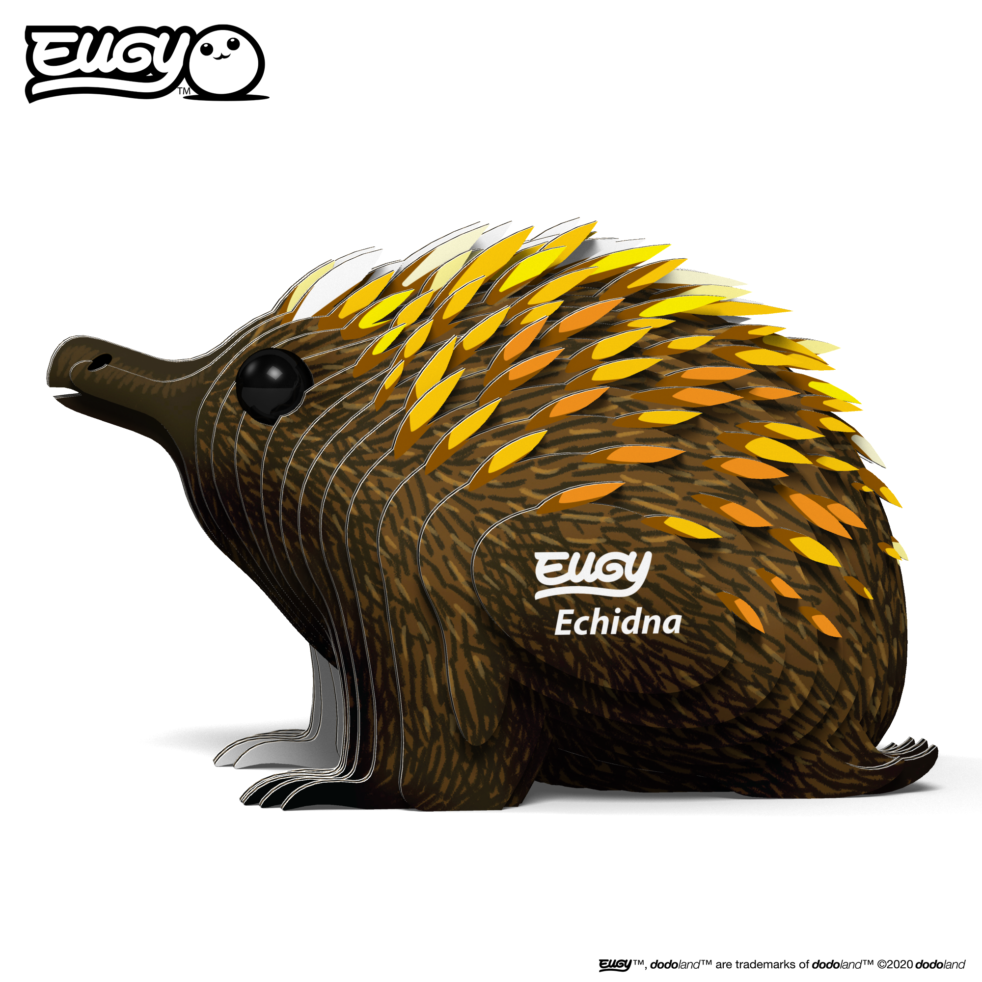 Image of an EUGY Echidna, facing left but viewed side on against a white background