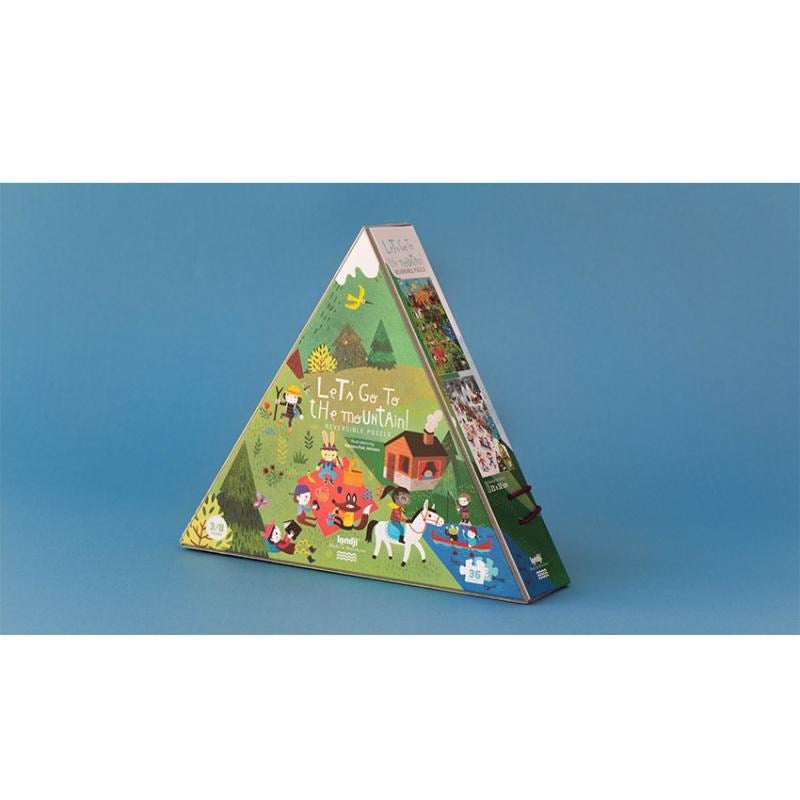 Image shows Triangular shaped puzzle box with images of people and animals enjoying summer activities on the front cover, against a blue background with a white border.