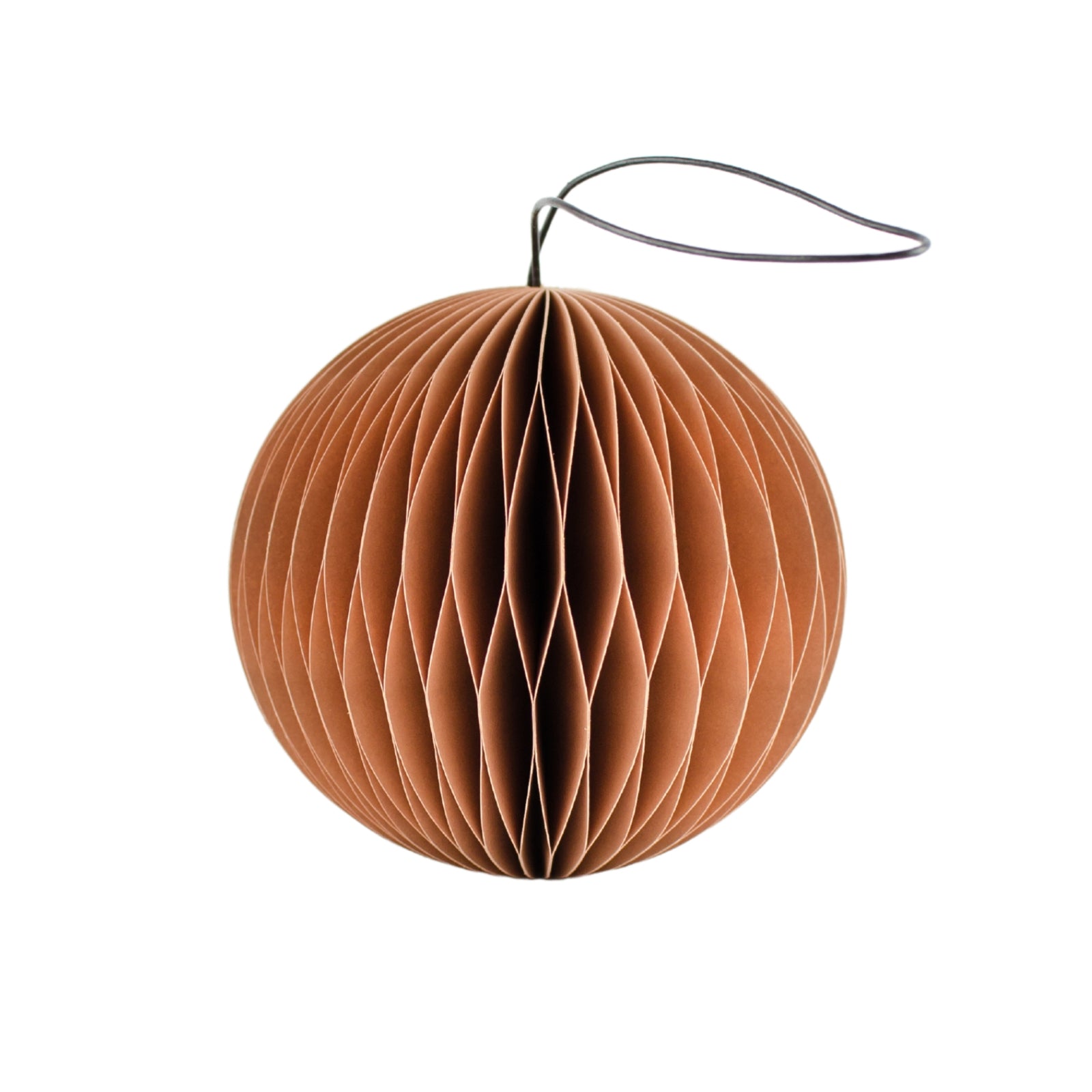 Clay Coloured Paper Christmas Ornament in the shapes of a sphere against a white background.