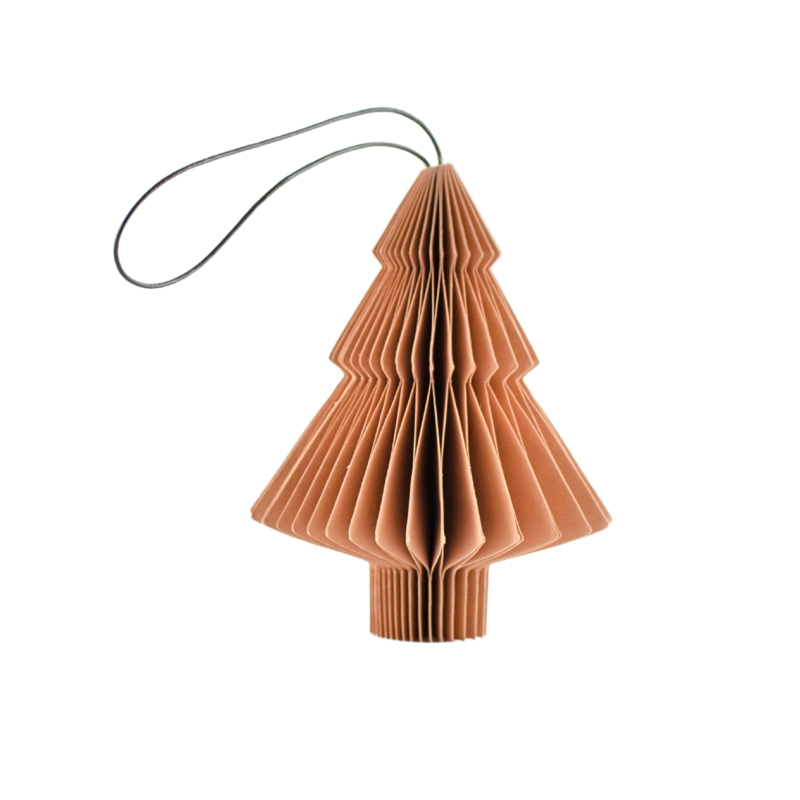 Clay Coloured Paper Christmas Ornament in the shapes of a tree against a white background.