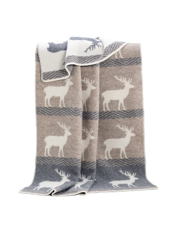 Grey and soft browny beige blankets with 5 rows of deers with antlers  running down the blanket. Top and Bottom row are grey with white deers, middle rows re brown beige with white deer.