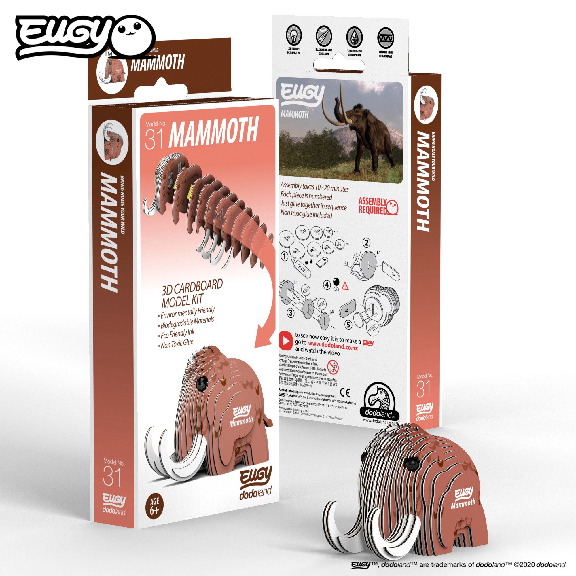 Image of an EUGY Mammoth, looking left in front two EUGY Kangaroo Boxes, 1 showing the front cover and the other showing the rear of the box, against a white background