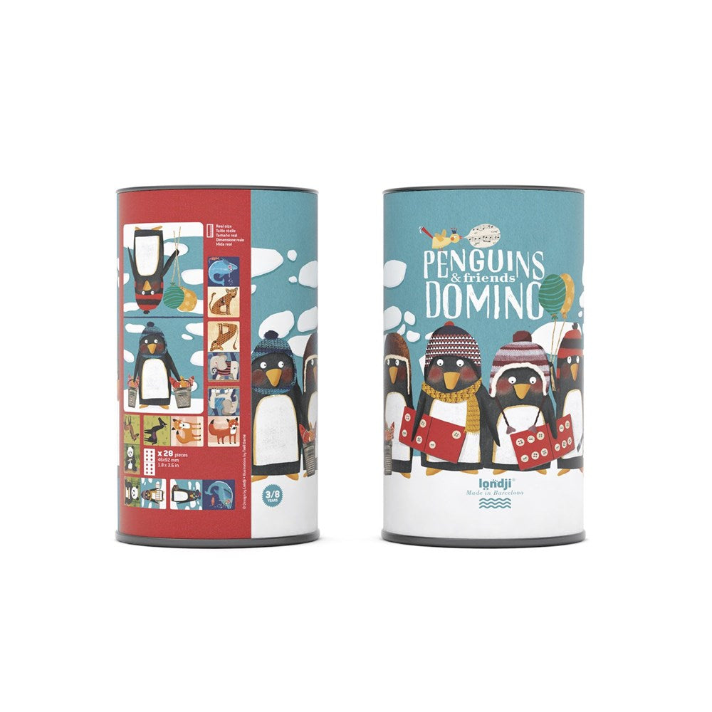 Images show a cylindrical tin  from two perspectives with a drawing of penguins and other animals dressed for the snow holding dominoes, against a white background