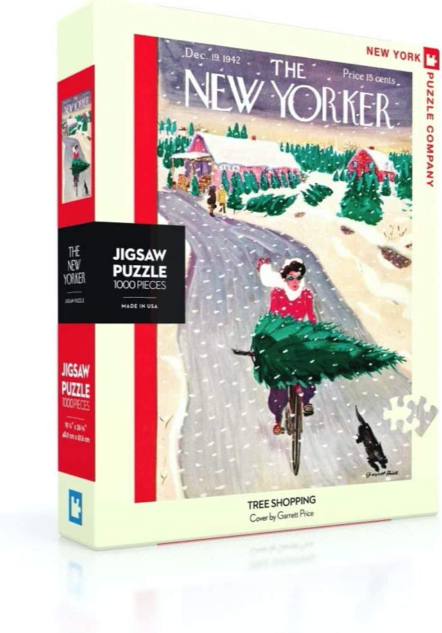 Puzzle box partially side on viewpoint. New Yorker Magazine front cover showing a lady riding a bike while it is snowing, with a christmas tree balance on the handlebars and a black dog running along side her on the road.