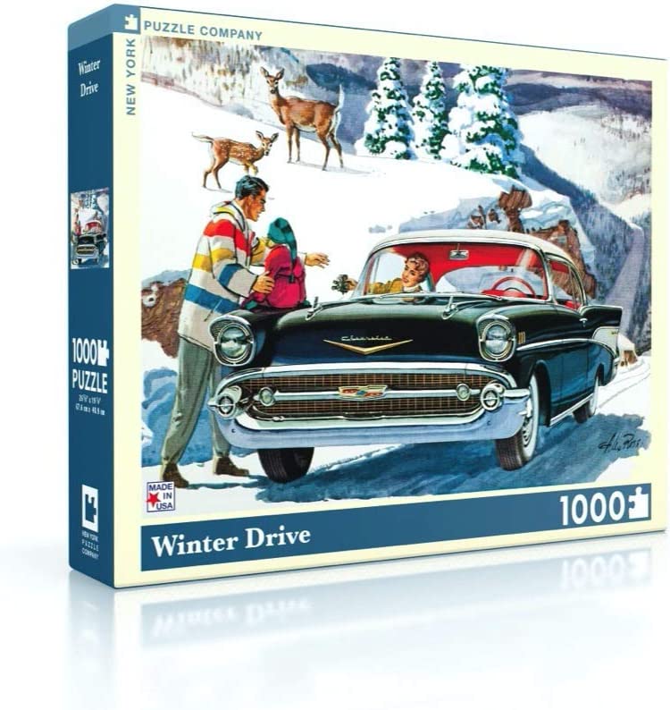 Puzzle Box image. General Motors Vintage Advert showing family out for a drive in the country, with snow on the ground and deer and trees in the background.
