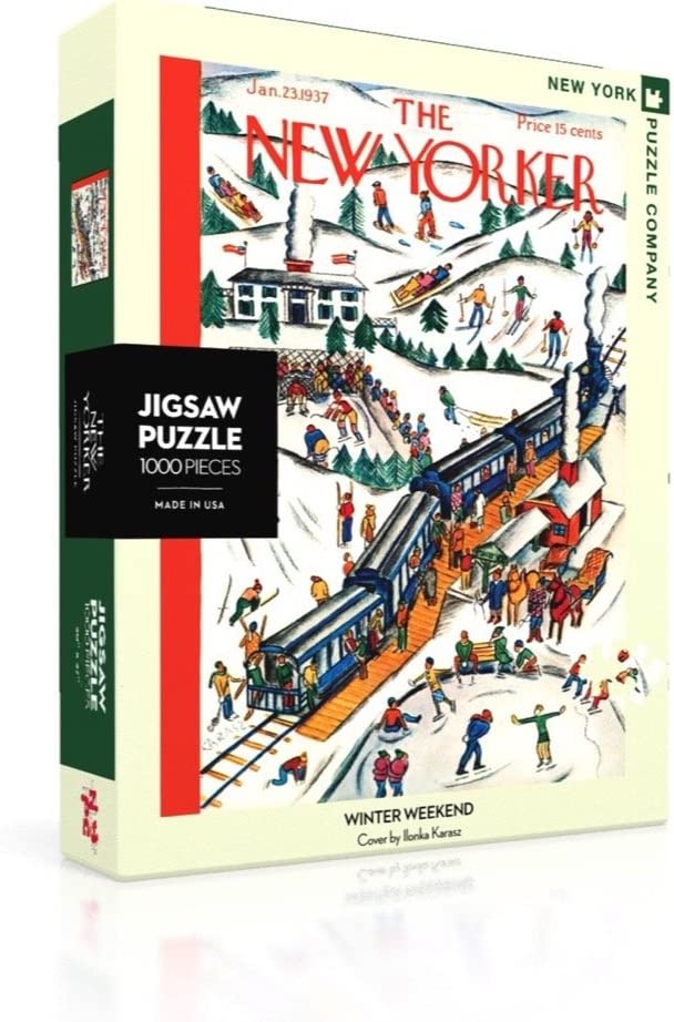 Puzzle Box, showing a drawing of a train at the station with people getting off and skiing around it in the snow, using a New Yorker Magazine front cover