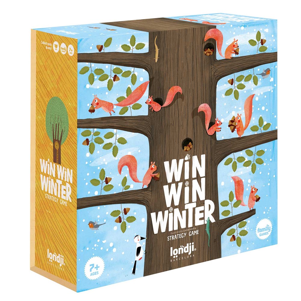 Image shows the front of the Win Win Winter game box, illustrated with a tall tree with many squirrels scampering across the branches. Shown against a white backdrop.  