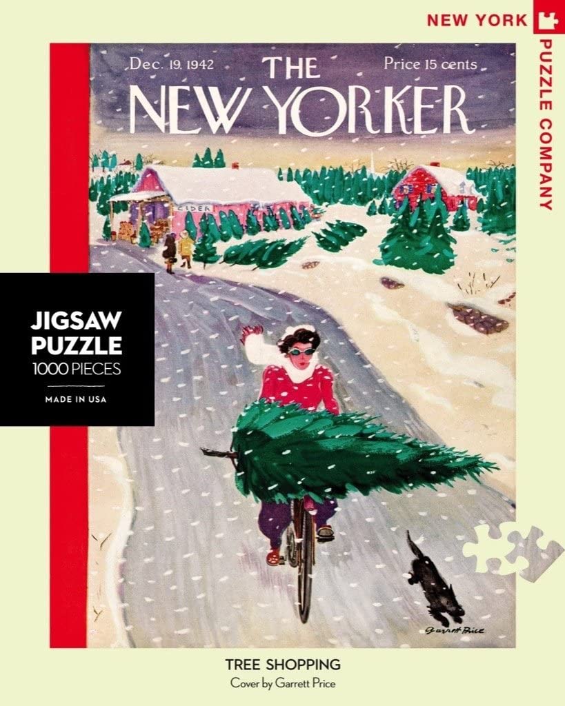 Front of the Puzzle Box. New Yorker Magazine front cover showing a lady riding a bike while it is snowing, with a christmas tree balance on the handlebars and a black dog running along side her on the road.