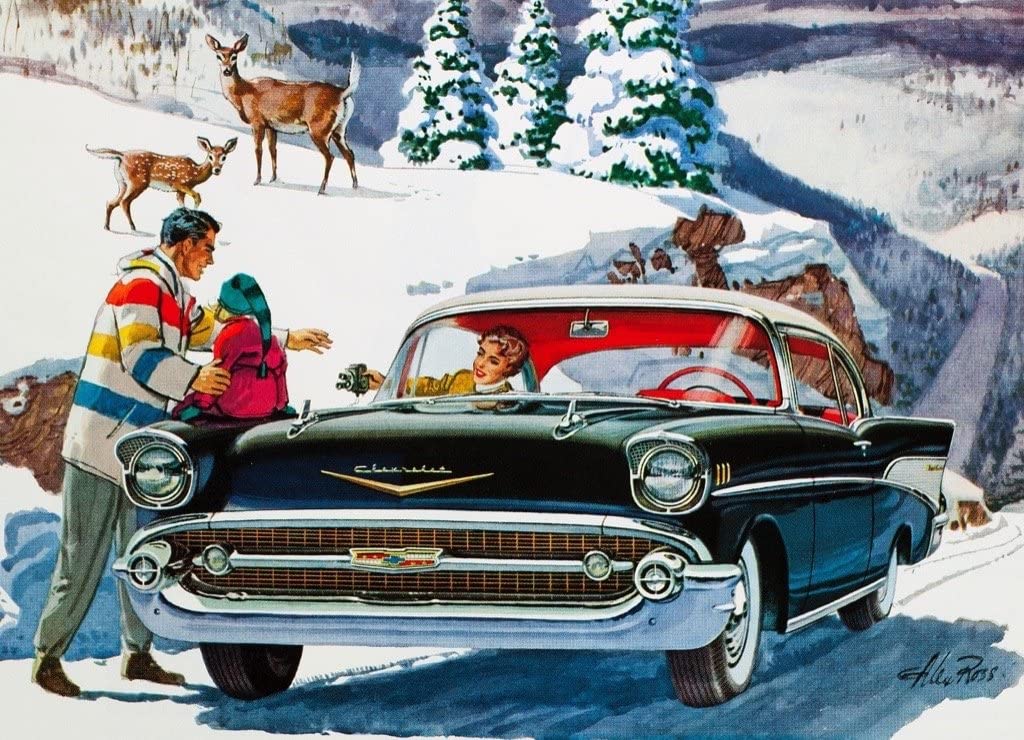General Motors Vintage Advert showing family out for a drive in the country, with snow on the ground and deer and trees in the background.