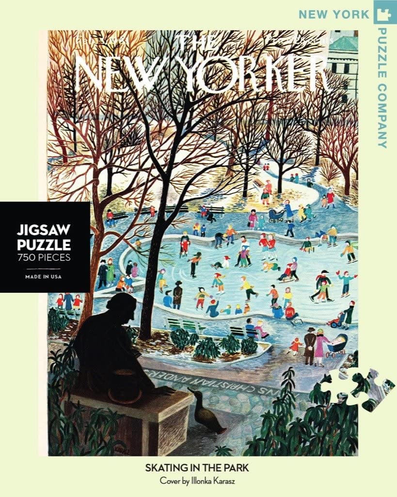 Close up of Puzzle Lid. New Yorker Magazine Cover Skating in the Park on a puzzle box.
