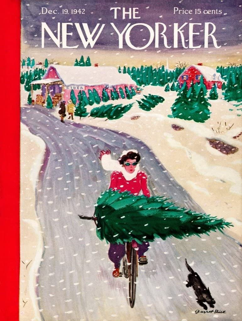 New Yorker Magazine front cover showing a lady riding a bike while it is snowing, with a christmas tree balance on the handlebars and a black dog running along side her on the road.
