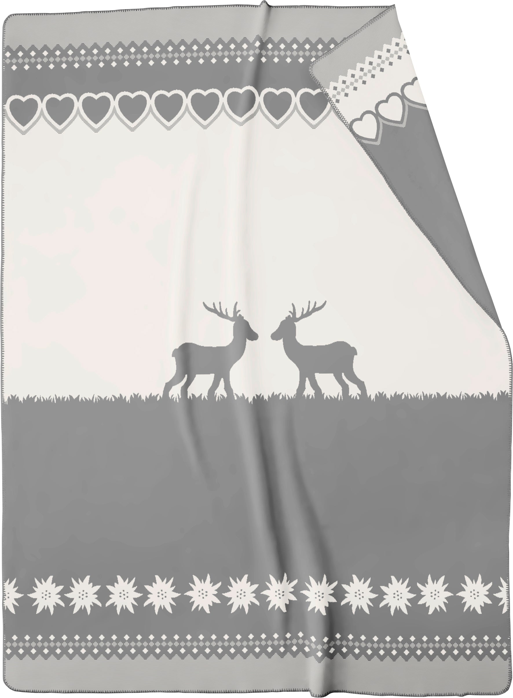 White and grey heart, flower and geometric patterned blanket, with two deers standing nose to nose in the centre of the blanket. Colour & pattern alternates on the reverse side of the blanket
