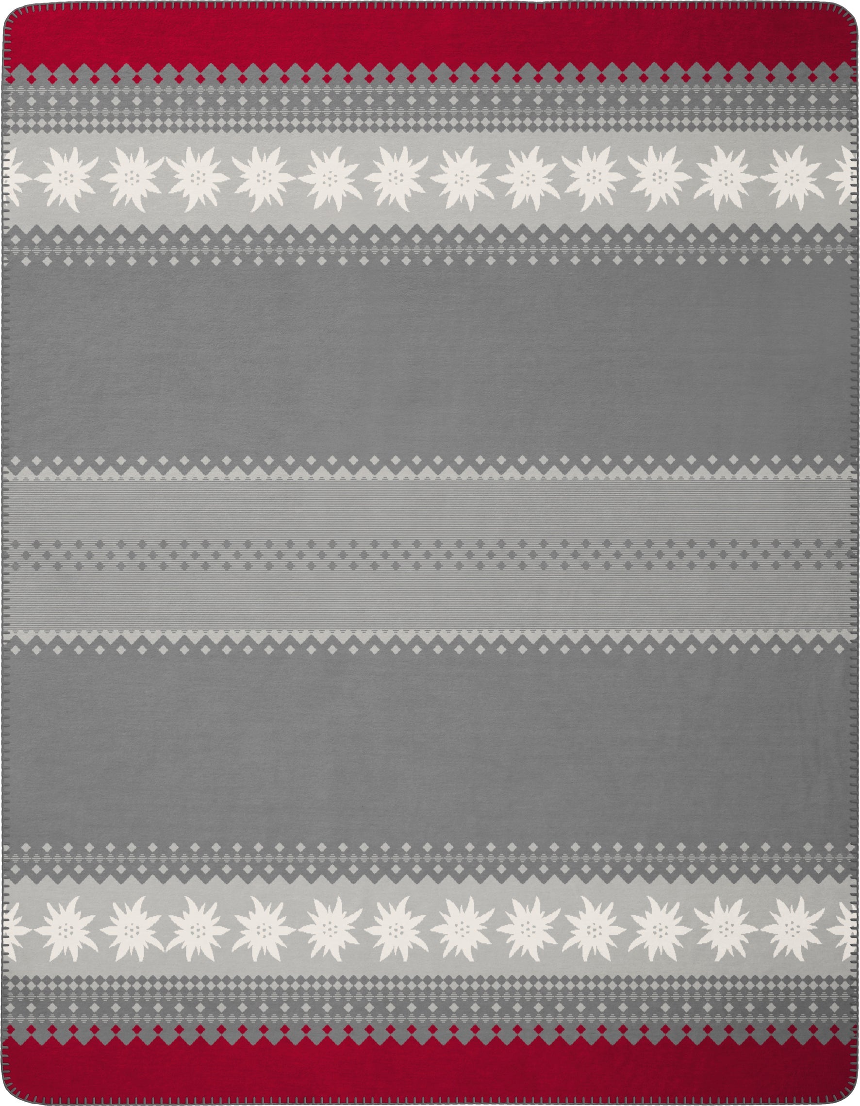 Edelweiss Blanket. Red boarder on a background of shades of grey, with floral and geometric pattern across the blanket