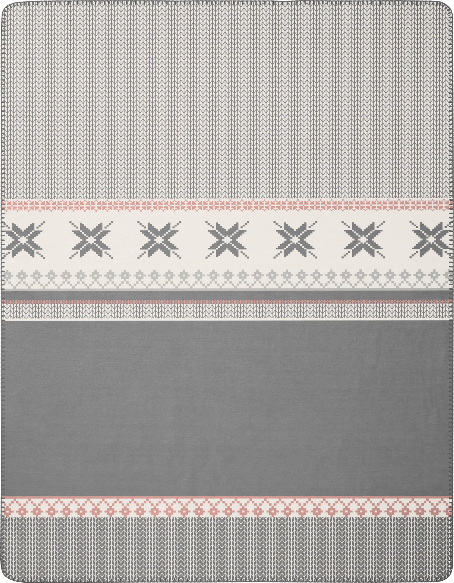 Winterly Blanket. White, grey and red geometric and floral pattern.