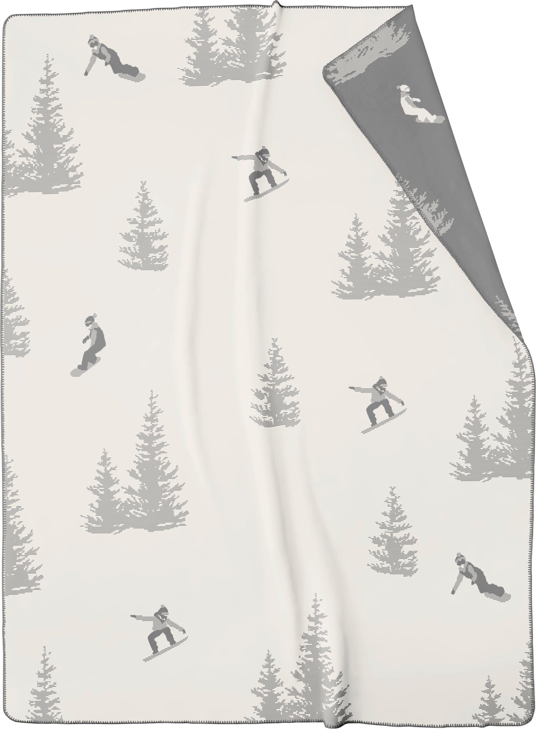 White blanket patterned with grey snowboarders and pine trees. Pattern alternates onto a grey background on the other side.