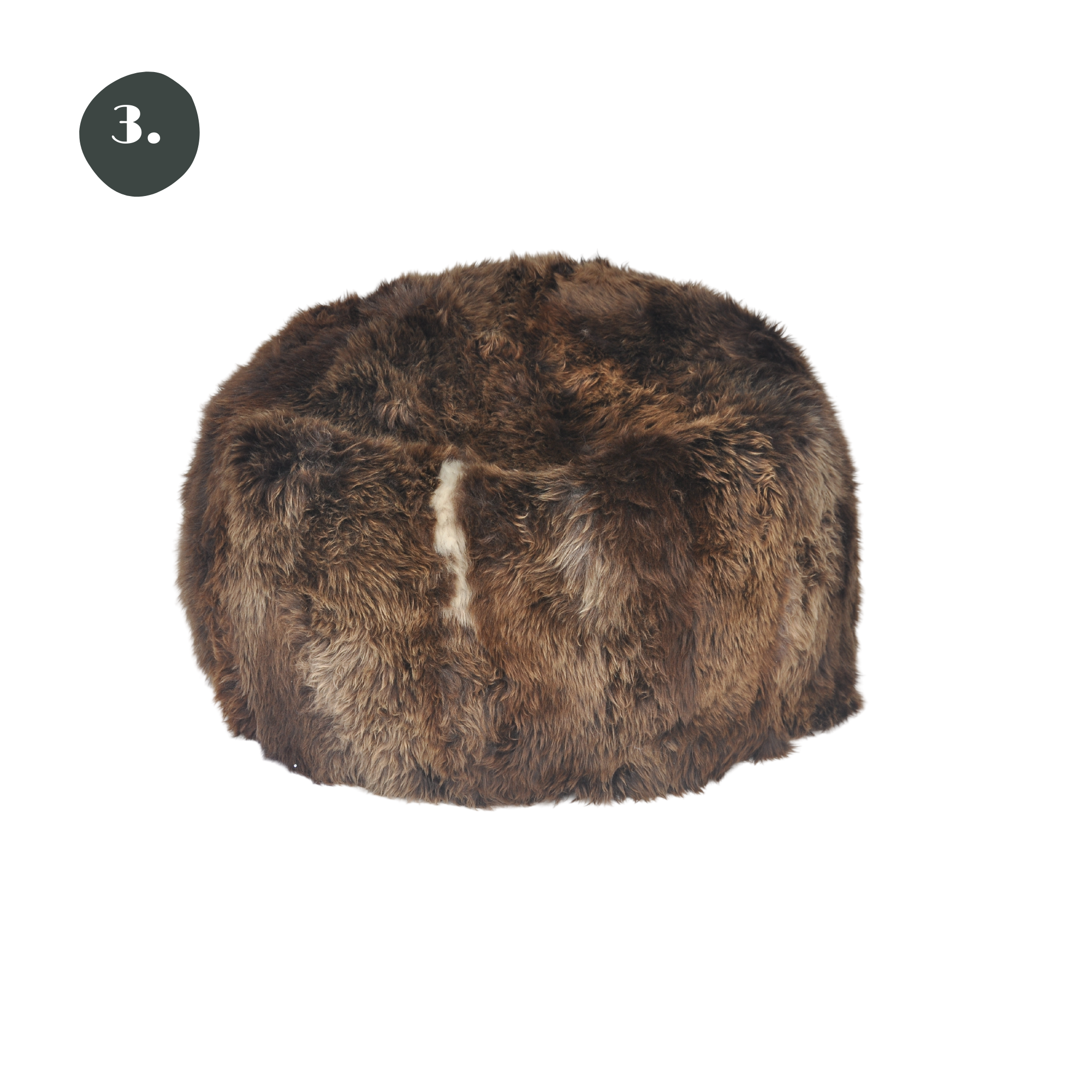 Long Wool Sheepskin Bean Bag • Natural Brown #3. Chocolate brown wool with a hint of lighter tan  highlights throughout the wool pile and a cream thread in the middle.  