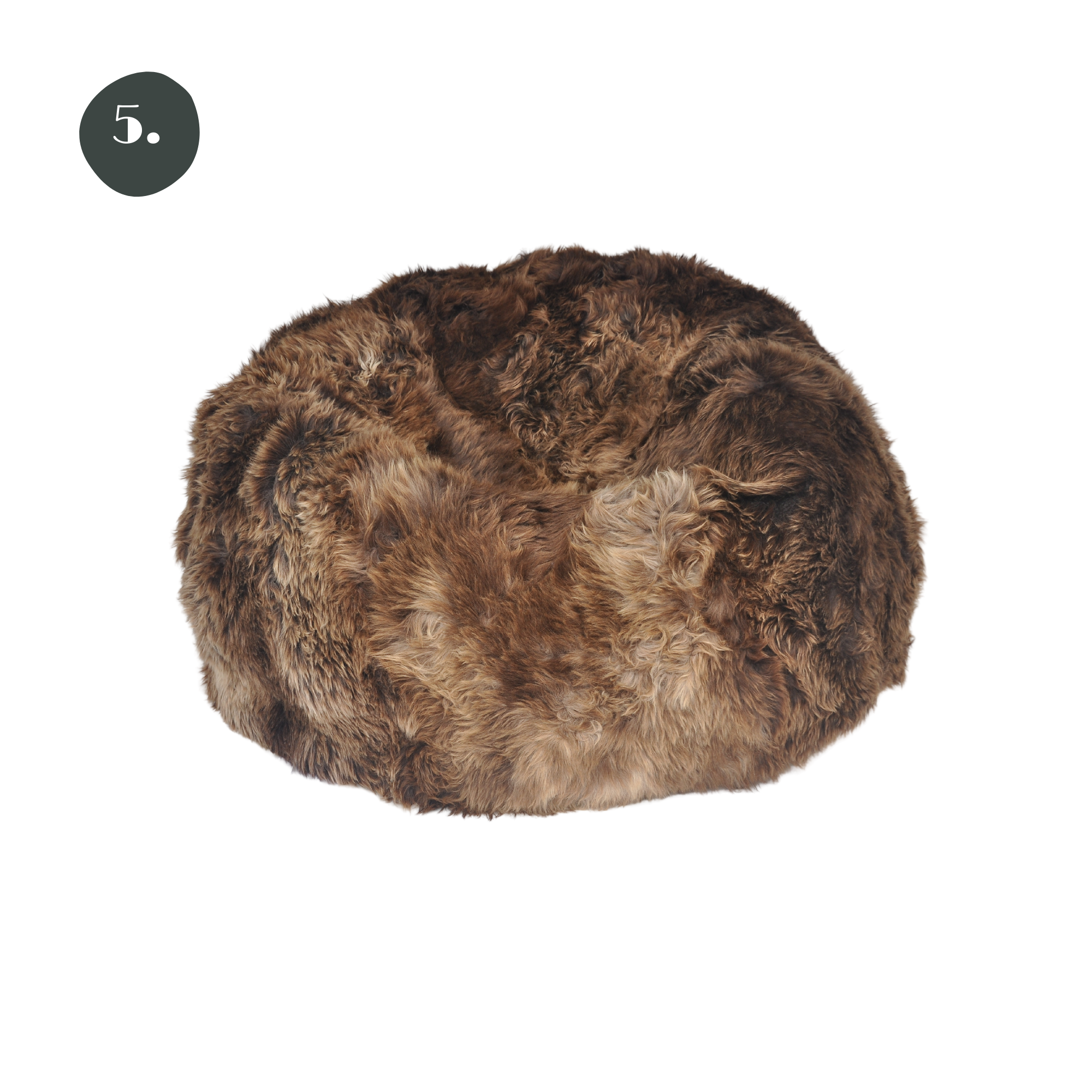 Long Wool Sheepskin Bean Bag • Natural Brown #5. Chocolate brown wool with lighter brown and creamy brown highlights throughout the wool pile.  