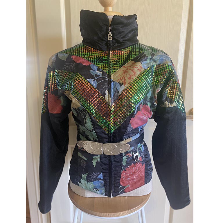 Vintage Bogner ski jacket Black with floral print and sequins w/belt Size 6