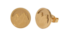 Image shows a pair of gold stud earrings detailing a mountain peak and further embossing on the earring surface, against a white backdrop.