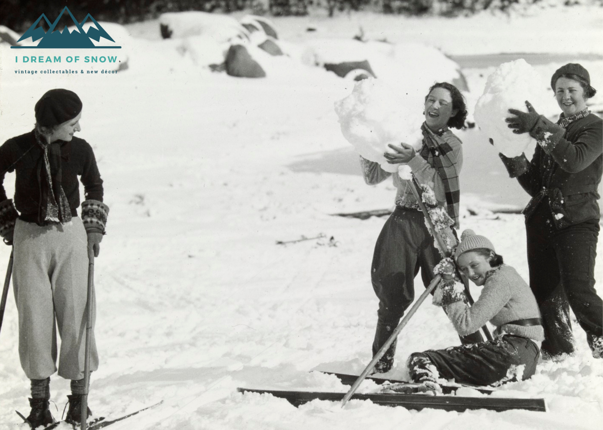 Women on Skis at Mt Buffalo, 2 with very large snowballs in their arms as if to throw them.
