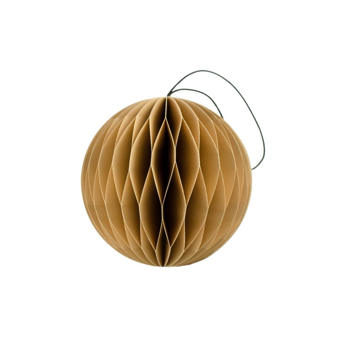 Flaxseed sphere shaped paper ornament against a white background