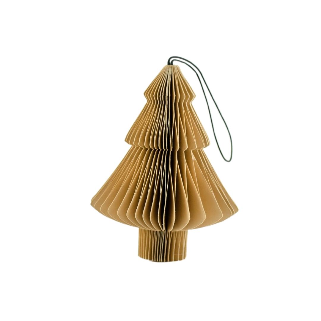 Flaxseed tree shaped paper ornament against a white background