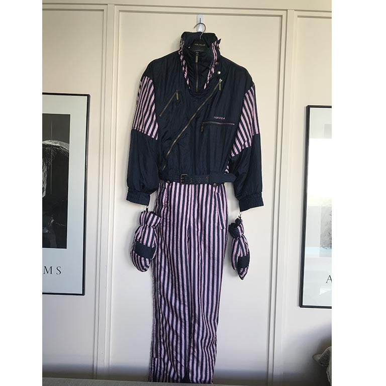 Nevica Navy Blue & Purple Striped Matched Set One Piece Ski Suit, with belt & gloves