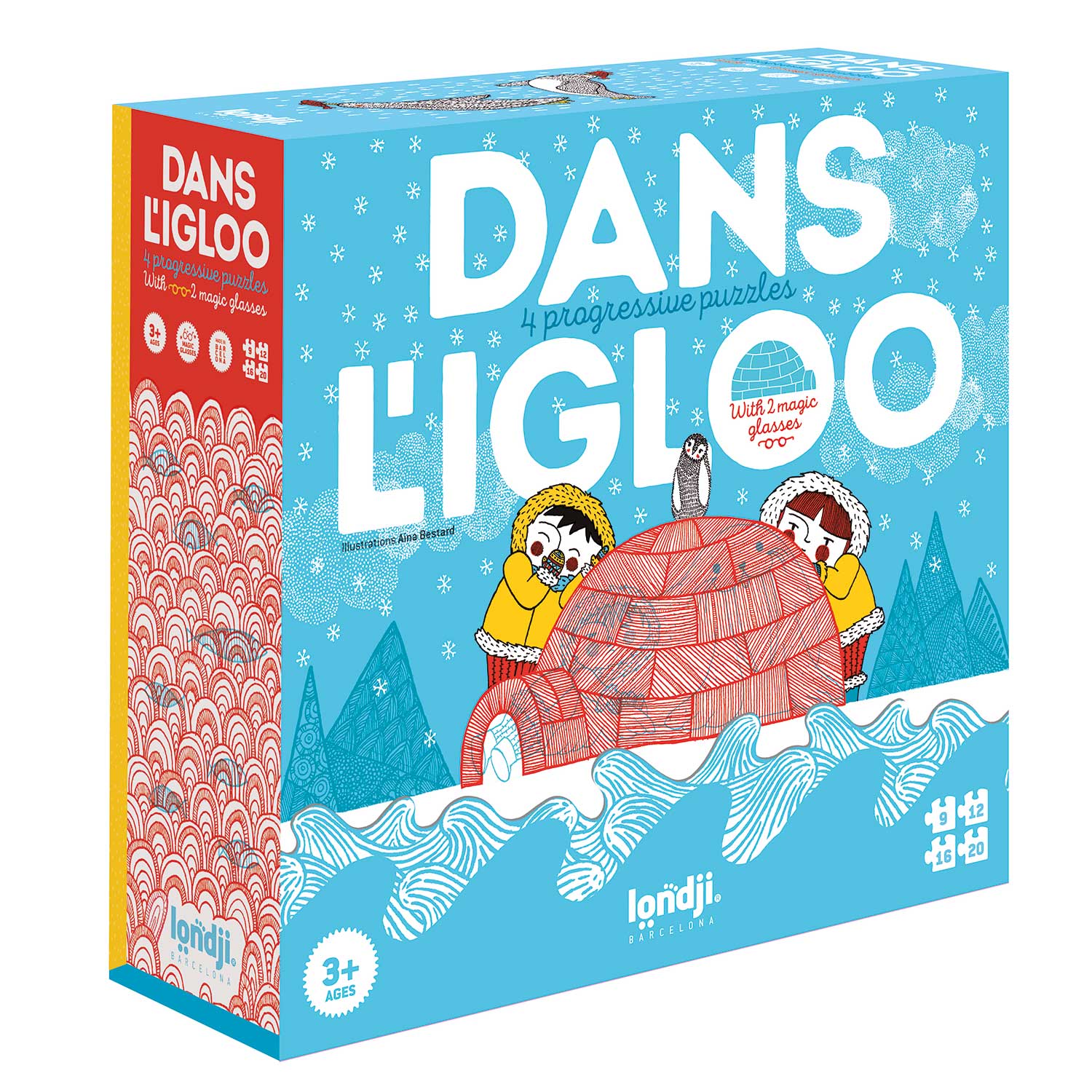 Image shows the front of a square puzzle box named dan's L'igloo, with the image of 2 people and a seal standing beside an igloo giggling with snow on the ground, the sea in the forground and the mountains in the background. Shown against a white backdrop.