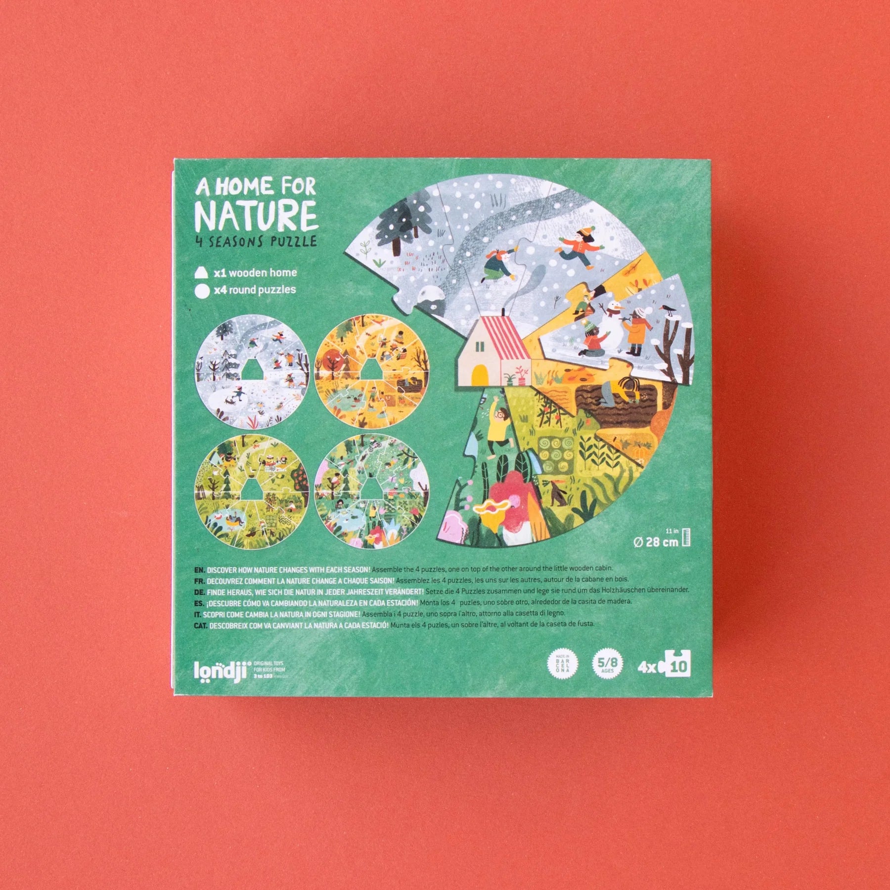 Image shows 'A home from nature' back of the puzzle box on a red background