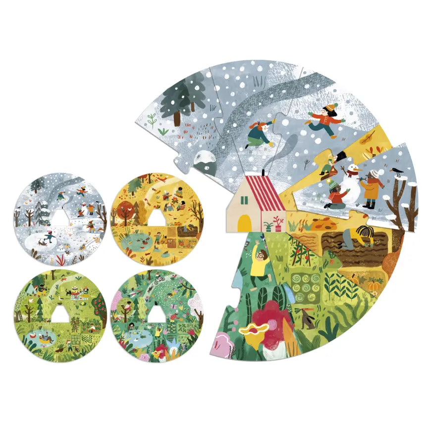 Image shows 8 of 10 'A home from nature' puzzle pieces laid out against a white background, also showing all four seasons as completed puzzles
