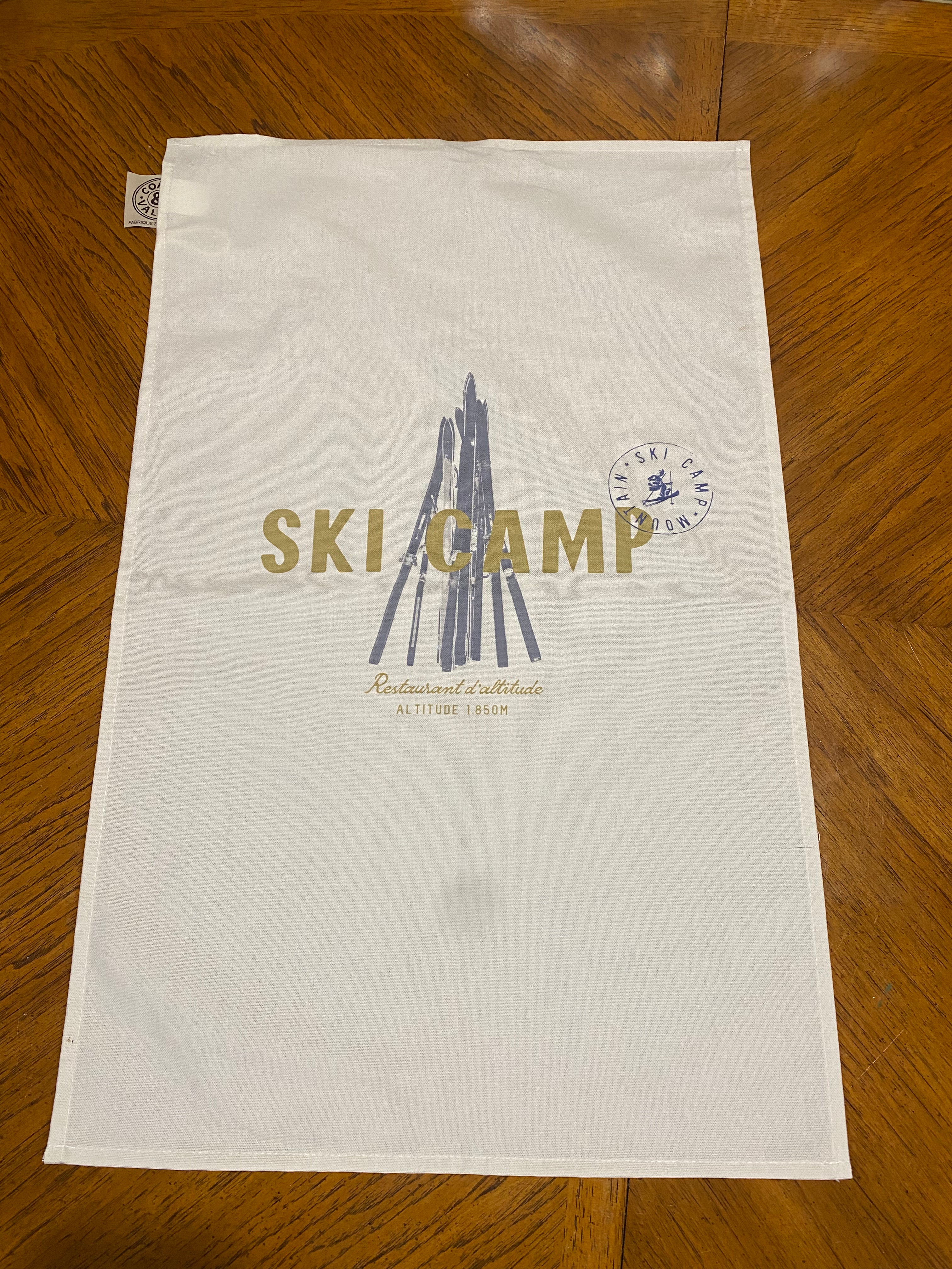 Ski Camp Tea Towel, wood background