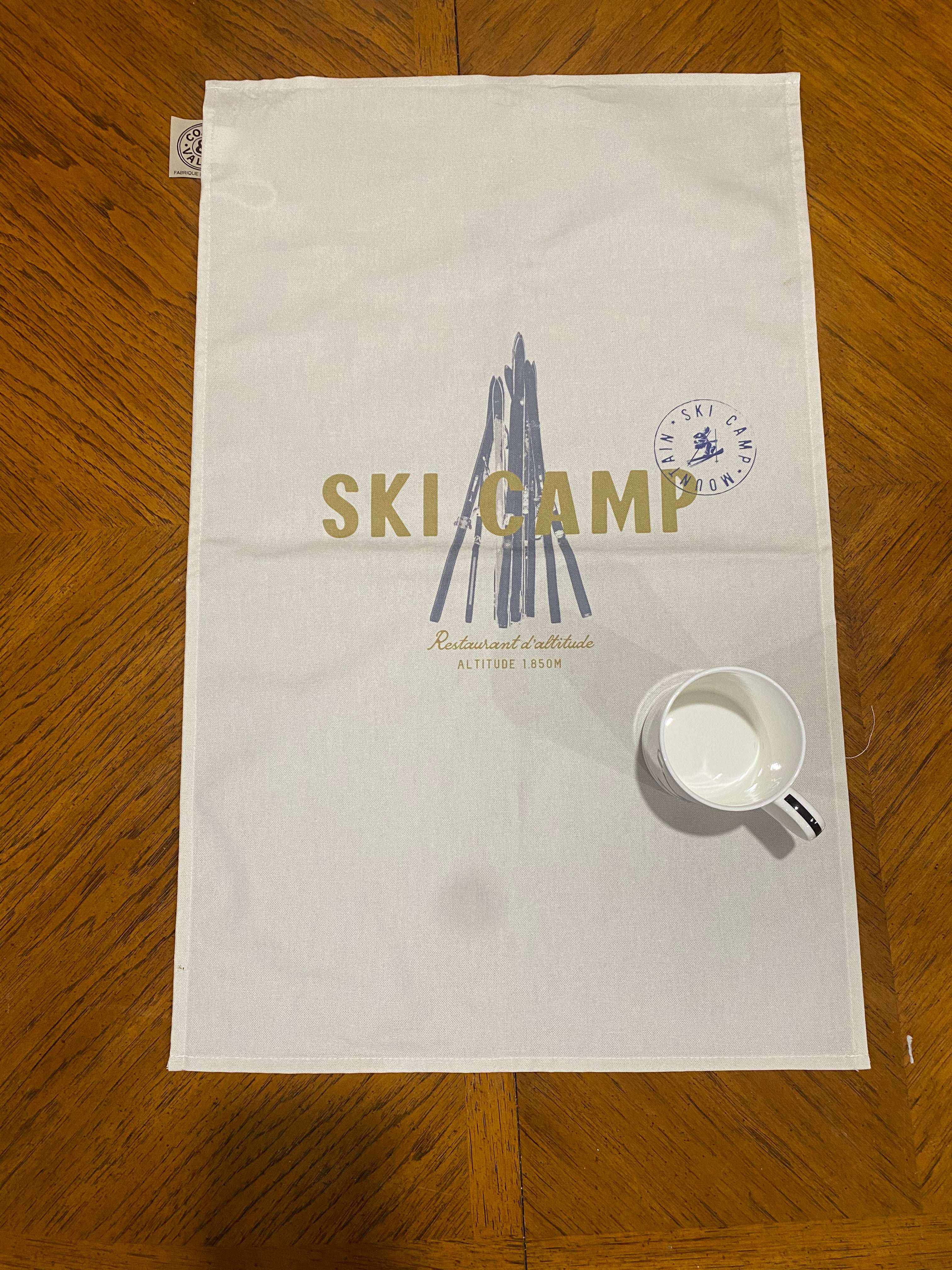 Ski Camp Tea Towel, wood background