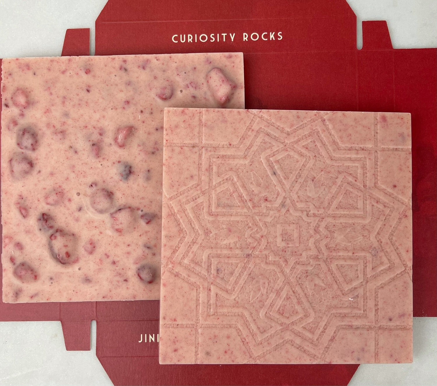 Curiosity Chocolate's Strawberries and Cream Bar with snowflake imprint