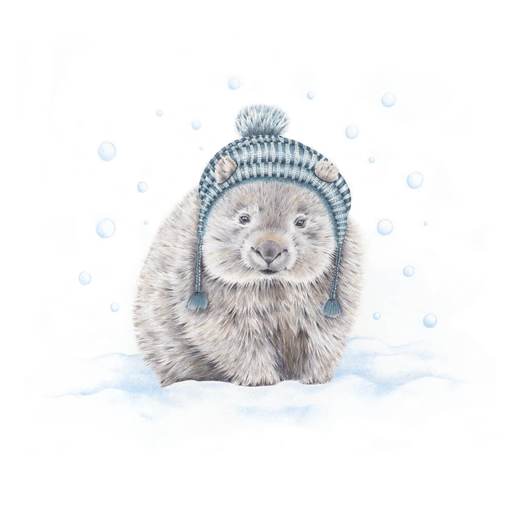 Image shows illustration of a wombat wearing a blue tasseled beanie, standing in blue tinged snow while the snow falls