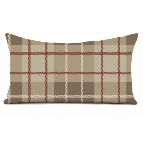 No Ski Boots cushion back, in a brown, tan, beige and red tartan pattern