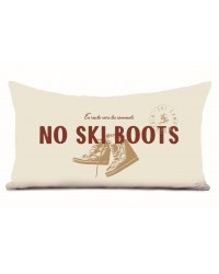 On a cream background, red words say "No Ski Boots" and underneath the words show a part of vintage leather ski boots in a brown graphic