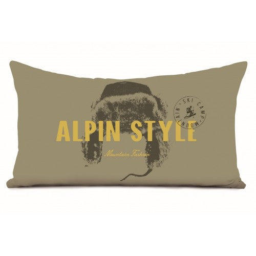 On a taupe background, a sepia style photo of  a fur hat with ear flaps and the words 'Alpin Style" imposed over the top against a white backdrop