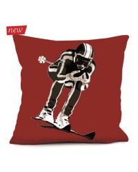 vintage ski racer graphic on red coloured cushion, on background of pure white