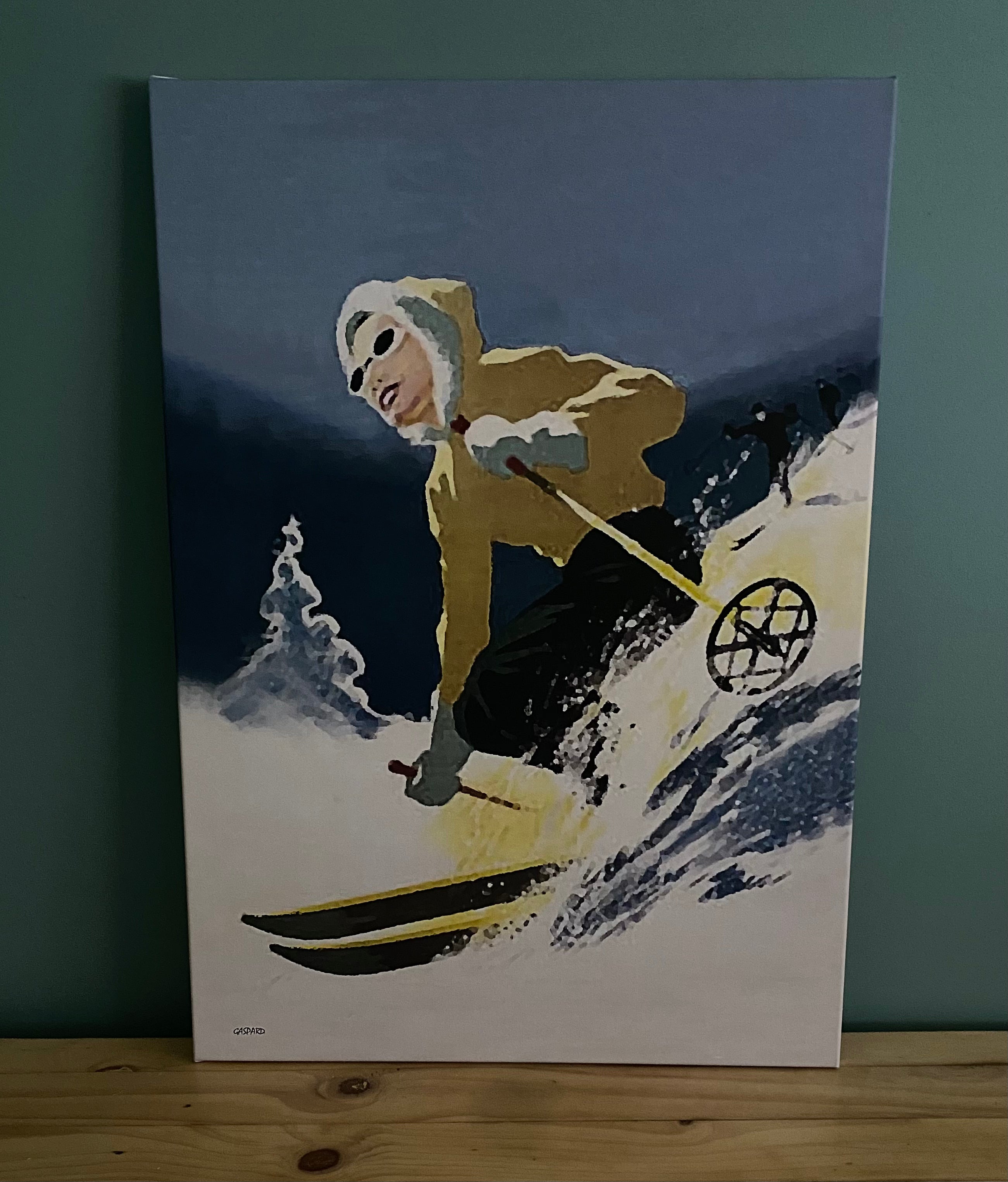 Lady in Yellow Skiing Downhill Canvas