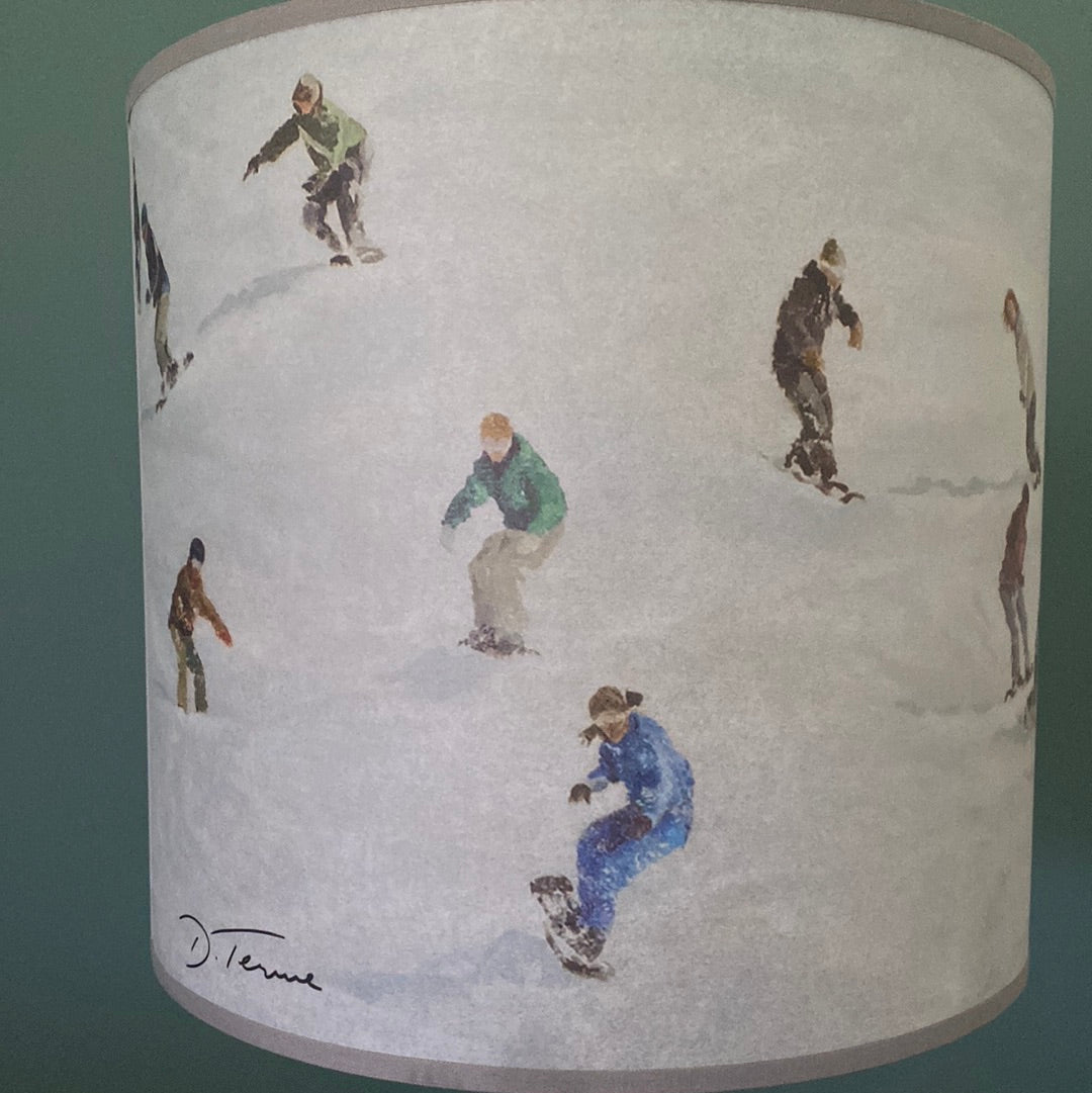 Close up of Snowboard lamp shade, in front of a green wall version 1