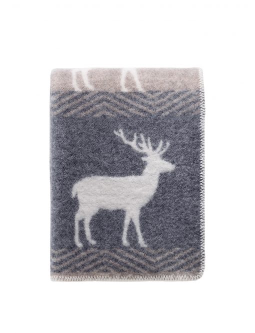Grey and soft browny beige blankets with 5 rows of deers with antlers running down the blanket. Top and Bottom row are grey with white deers, middle rows re brown beige with white deer. Folded blanket sohowing a single deer at the corner of the blanket.