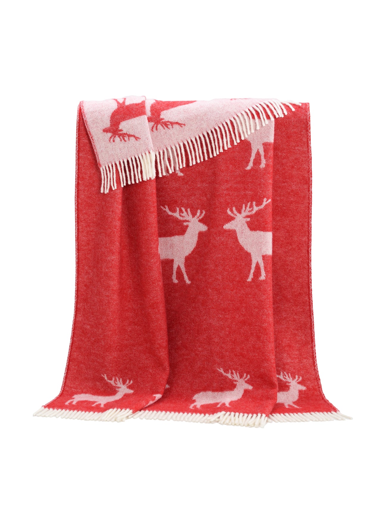 A throw rug, in a bold red with off-white deer design, shown unfolded so the entire pattern is visible.