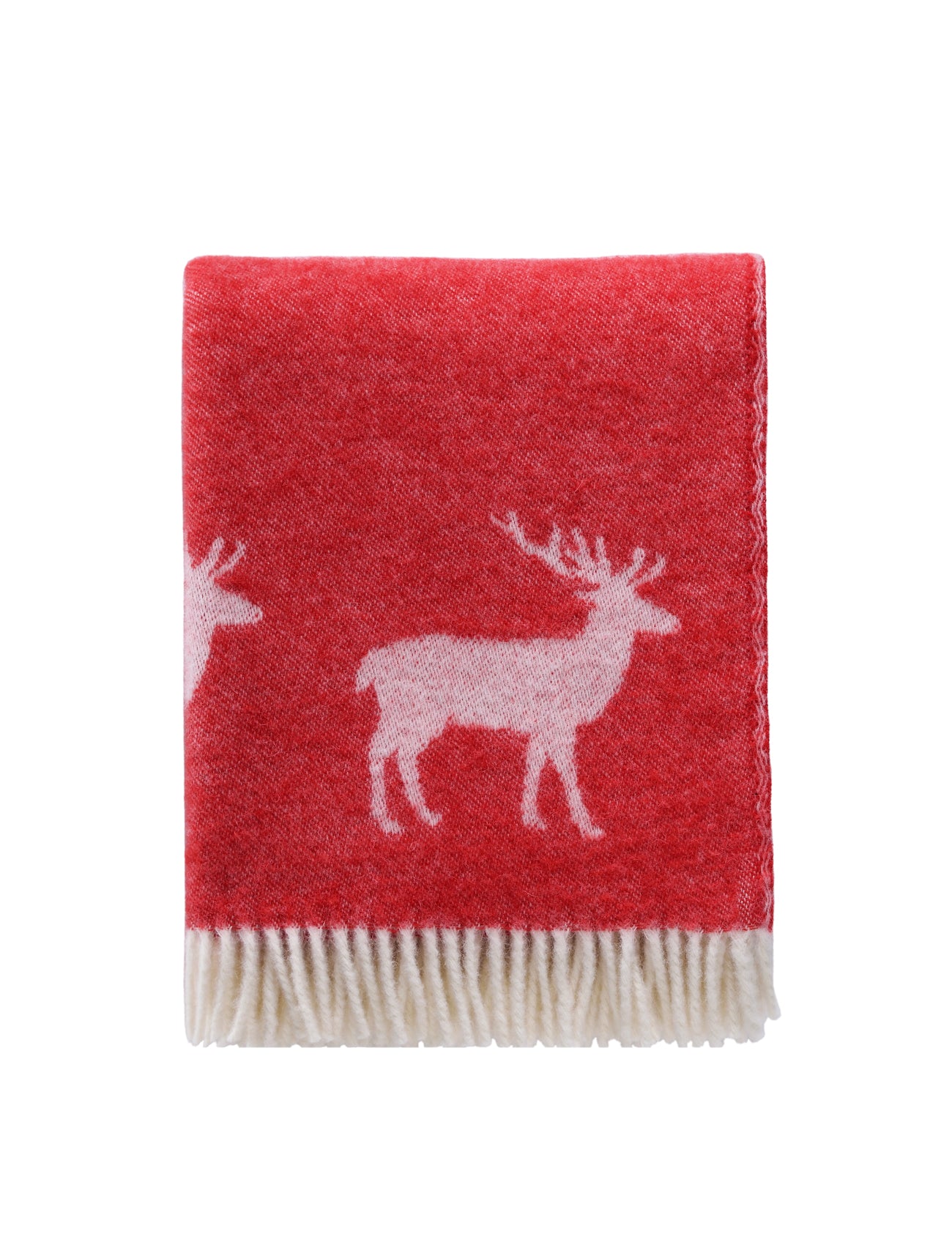 A throw rug, in a bold red with off-white deer design, shown folded into sixths with the deer pattern and fringing visible.